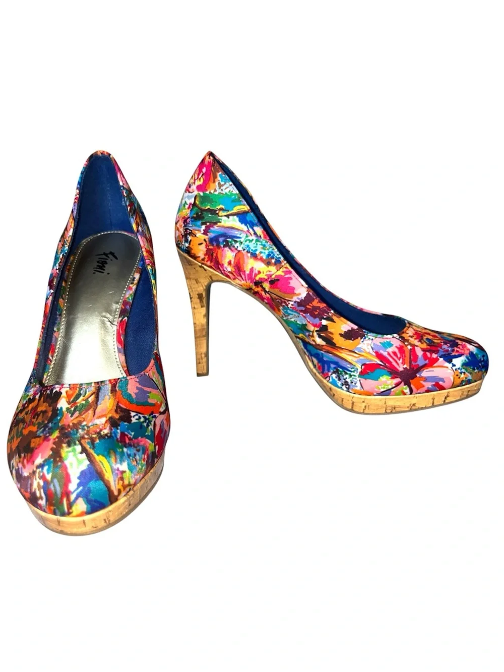 FIONI Multicolor Floral Print Fabric Women's Pumps Almond Heels 4 inches 7 1/2 W - Picture 2 of 6